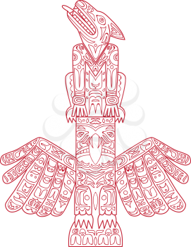 Doodle art illustration of a wolf and eagle totem pole, a type of Northwest Coast art, consisting of poles, posts or pillars, with symbols or figures on top of each other done in mandala style.