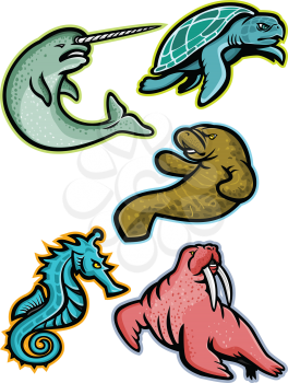 Mascot icon illustration set of aquatic animals and marine mammals like the narwhal or narwhale, ridley sea turtle, manatee or sea cow, sea horse or seahorse and the walrus  viewed from side on isolated background in retro style.