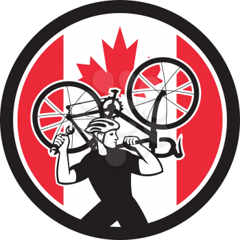 Icon retro style illustration of a Canadian bike mechanic lifting road bicycle with Canada maple leaf flag set inside circle on isolated background.
