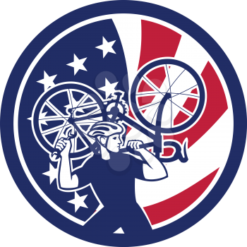 Icon retro style illustration of an American  bike mechanic lifting road bicycle  with United States of America USA star spangled banner or stars and stripes flag inside circle isolated background.