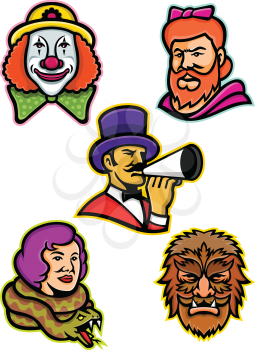 Mascot icon illustration set of heads of circus performers and freaks like the bearded lady or woman, wolfman or wolfboy, snake lady or charmer, circus whiteface clown and circus ringleader or ringmaster on isolated background in retro style.