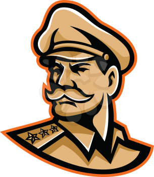 Mascot icon illustration of head of an American three-star general wearing a peaked cap looking forward viewed from side on isolated background in retro style.