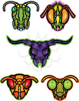 Mascot icon illustration set of heads of insects like grasshopper, cricket or locust, honey bee or bumblebee, long-horned beetle, hornet or wasp and praying mantis viewed from front done in retro style.
