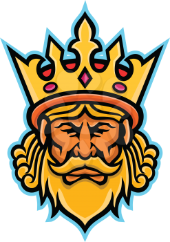Mascot icon illustration of head of a King, a male monarch wearing a heraldic crown viewed from front on isolated background in retro style.