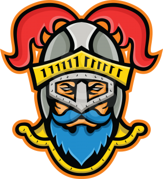 Mascot icon illustration of head of a  viewed from knight wearing a helmet with ostrich plumage viewed from front on isolated background in retro style.