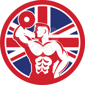 Icon retro style illustration of a British fitness gym showing a bodybuilder with dumbbell with United Kingdom UK, Great Britain Union Jack flag set inside circle on isolated background.