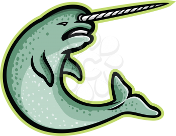 Mascot icon illustration of an angry narwhal  or narwhale, a medium-sized toothed whale that has a large tusk like a unicorn horn, swimming up viewed from side on isolated background in retro style.