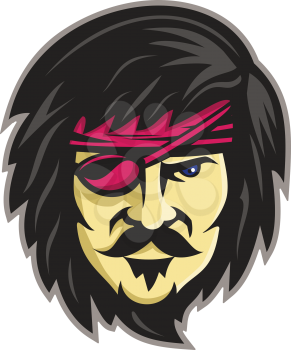 Mascot icon illustration of head of a corsair, pirate or privateer with long hair , moustache and beard wearing an eye patch viewed from front on isolated background in retro style.