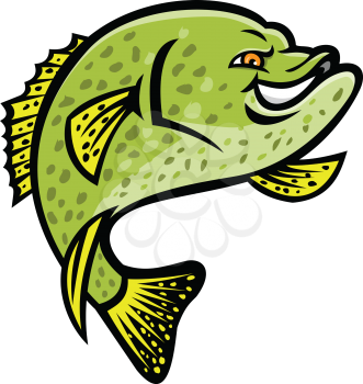 Mascot icon illustration of a crappie, papermouth, strawberry bass, speckled bass, specks, speckled perch, crappie bass, calico bass jumping up viewed from side on isolated background in retro style.