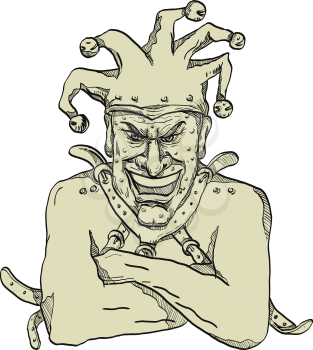 Drawing sketch style illustration of a crazy, lunatic or insane harlequin, professional joker, fool or court jester wearing a straitjacket or strait jacket while laughing viewed from front on isolated background.