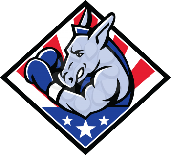 Mascot icon illustration of bust of an American democratic donkey boxing with USA stars and stripes, star spangled banner flag viewed from side set in diamond shape isolated background in retro style.
