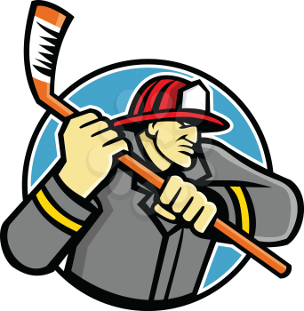 Mascot icon illustration of bust of a fireman or firefighter, a rescuer extensively trained in firefighting, wielding an ice hockey stick viewed from side on isolated background in retro style.