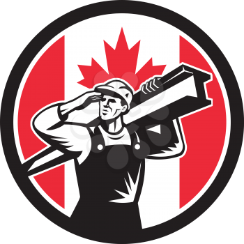 Icon retro style illustration of a Canadian construction worker carrying an I-beam on shoulder with Canada maple leaf flag set inside circle on isolated background.