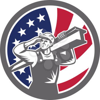 Icon retro style illustration of an American construction worker carrying an I-beam on shoulder and saluting with United States of America USA star spangled banner or stars and stripes flag in circle.