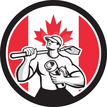 Icon retro style illustration of a Canadian drainlayer, drainage specialist or construction worker holding shovel and pipe with Canada maple leaf flag set inside circle on isolated background.
