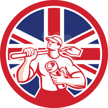 Icon retro style illustration of a British drainlayer, drainage specialist or construction worker holding shovel and pipe with United Kingdom UK, Great Britain Union Jack flag set inside circle.