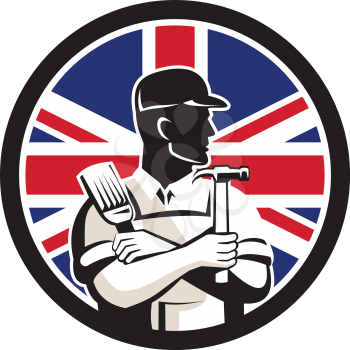 Icon retro style illustration of a British  DIY Expert, handyman, carpenter, DIYer or renovator with tools with United Kingdom UK, Great Britain Union Jack flag set inside circle on isolated background.