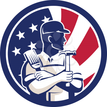 Icon retro style illustration of an American DIY Expert, handyman, carpenter, DIYer or renovator with tools United States of America USA star spangled banner or stars and stripes flag inside circle.
