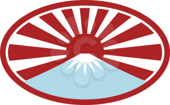Icon retro style illustration of a snow capped mountain  that looks like Mount Fuji with Japanese rising sun in back set inside oval shape on isolated background.