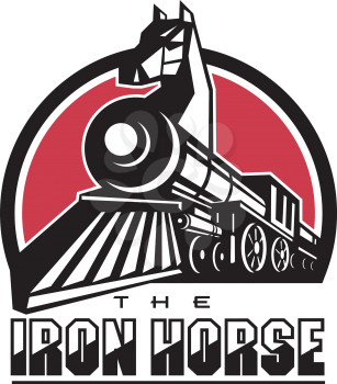 Retro style illustration of the Iron Horse showing head of horse on steam train locomotive with text set inside circle.