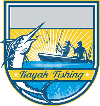Retro badge style illustration of tandem fisherman kayak fishing catching a jumping blue marlin with sunburst set inside batch on isolated background.