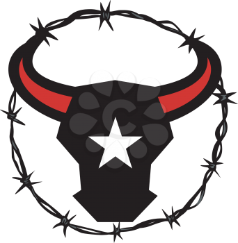 Icon style illustration of a Texas Longhorn bull with star on it's head set inside Barbed Wire circle on isolated background.