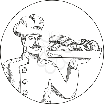 Doodle art illustration of a baker or pastry chef holding a plate of bread set inside circle done in mandala style.