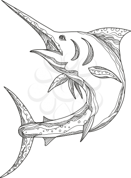 Doodle art illustration of an Atlantic blue marlin,  a species of marlin endemic to the Atlantic Ocean jumping done in mandala style.