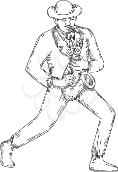 Mono line illustration of a jazz player or musician playing a sax or saxophone done in black and white on isolated background.