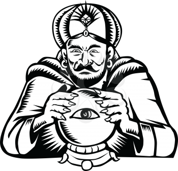 Retro woodcut style illustration of a fortune teller or crystal gazer with hands on crystal ball with eye viewed from front done in black and white.