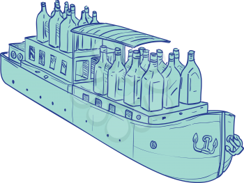 Illustration of Gin Bottles on flat bottomed Barge Boat set on isolated background done in hand sketch Drawing style.