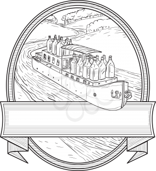 Illustration of Gin Bottles riding on a Barge River boat traveling on creek stream set inside Oval done in black and white  Line Drawing style.