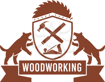 Illustration of two Tasmanian Devil on side supporting shield with crossed hammer and file , smooth plane and circular saw blade and text Woodworking set inside Crest done in Retro style.