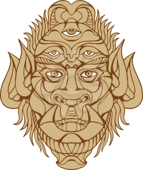 Drawing style illustration of a Five-eyed mythological Monster Head viewed from front