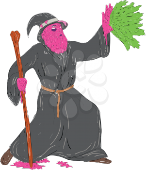 Grime art style illustration of a Wizard sorcerer holding wooden staff Casting Spell on hand splat on isolated background.
