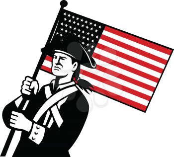 Retro style illustration of an American patriot or minuteman holding a star spangled banner or stars and stripes USA flag on isolated background.