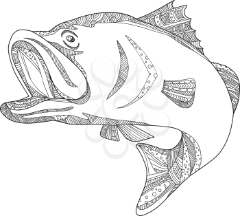 Doodle art illustration of a barramundi or Asian sea bass (Lates calcarifer), a species of catadromous fish jumping in black and white done in mandala style.