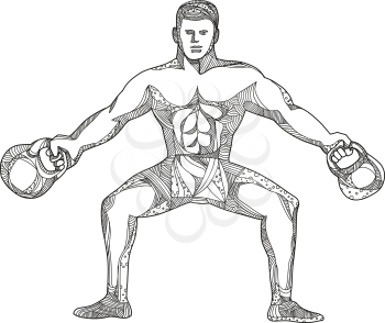 Doodle art illustration of a fitness athlete, strongman or personal trainer lifting two kettlebells viewed from front in black and white done in mandala style.