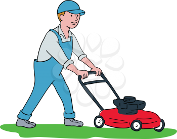 Cartoon style illustration of a gardener mowing lawn with lawnmower or lawn mower viewed from side on isolated background.