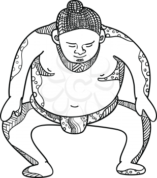 Doodle art illustration of a sumo wrestler or rikishi stompiing viewed from front done in mandala style.