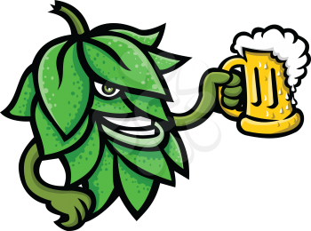 Mascot icon illustration of a beer hops, flower or seed cones or strobiles of the hop plant drinking a mug of ale  viewed from side on isolated background in retro style.