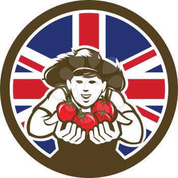 Icon retro style illustration of a British organic grown produce tomato farmer with United Kingdom UK, Great Britain Union Jack flag set inside circle on isolated background.