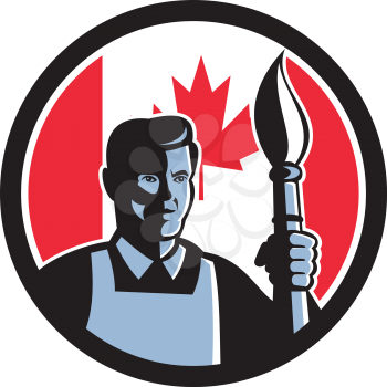 Icon retro style illustration of a Canadian fine artist or painter holding paint brush  with Canada maple leaf flag set inside circle on isolated background.