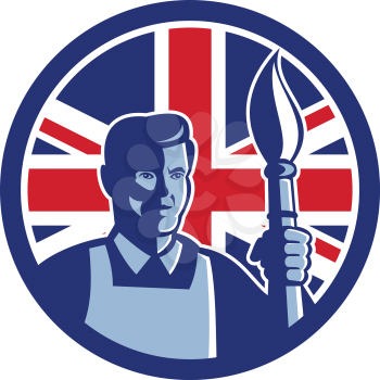 Icon retro style illustration of a British fine artist or painter holding paint brush with United Kingdom UK, Great Britain Union Jack flag set inside circle on isolated background.
