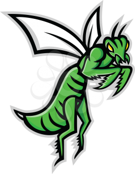 Mascot icon illustration of a praying mantis or mantis with forearms folded flying viewed from side on isolated background in retro style.