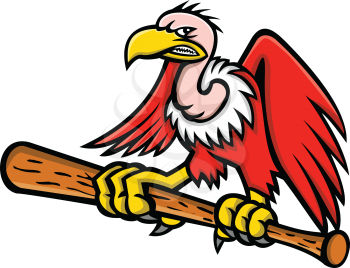 Mascot icon illustration of a Californian or Andean condor, vulture or buzzard, a scavenging bird of prey, clutching perching on a baseball bat viewed from front on isolated background in retro style.