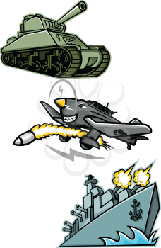Mascot icon illustration set of World War 2 military vehicles like the American M4 Sherman medium tank, the Junkers Ju 87 or Stuka German  dive bomber and an American destroyer warship or battleship viewed from low angle on isolated background in retro style.