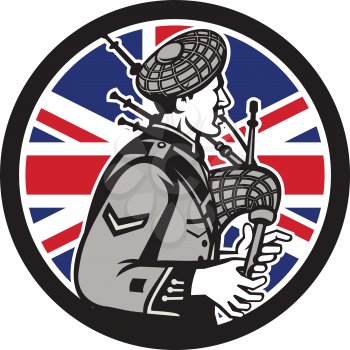 Icon retro style illustration of a British bagpiper playing the Scottish Great Highland bagpipes with United Kingdom UK, Great Britain Union Jack flag set inside circle on isolated background.