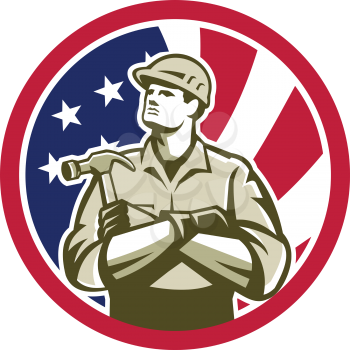Icon retro style illustration of American builder, carpenter, construction worker with hammer arms crossed  with United States of America USA star spangled banner or stars and stripes flag in circle. 