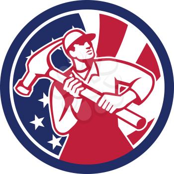 Icon retro style illustration of American handyman, carpenter, builder, joiner, construction worker hold hammer United States of America USA star spangled banner stars and stripes flag inside circle. 
